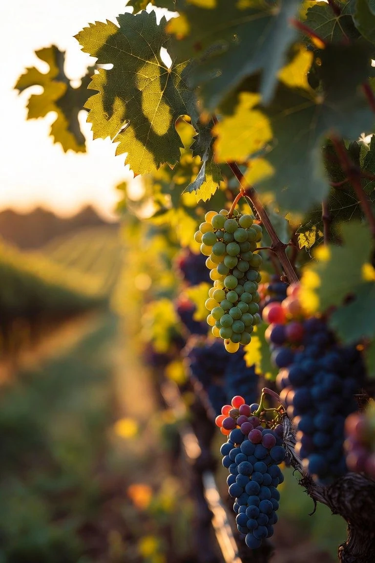 Weinberge im Abendlicht — Rebzeilen mit reifenden Trauben